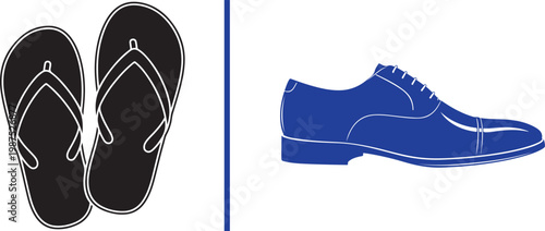 Work life balance concept vector illustration featuring black flip flops and a blue formal dress shoe