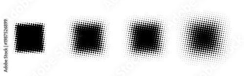 Set of halftone square shapes with dots progression from solid to dispersed pattern