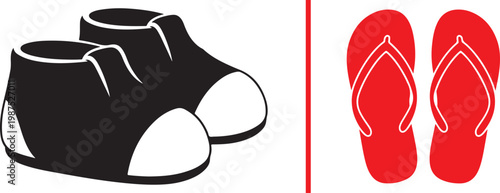 Vector illustration of black casual shoes and red flip-flops for seasonal footwear choice and fashion comparison