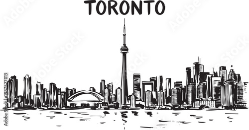 Toronto skyline with waterfront buildings and city landmarks in Canada, hand drawn ink sketch