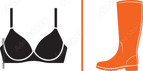 Minimalist vector illustration of a black bra and an orange rubber boot separated by a vertical line for fashion and apparel retail concepts