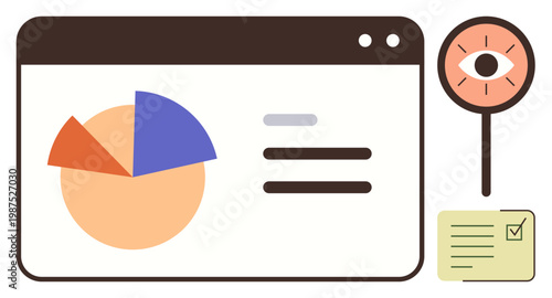 Data analysis, business reporting, auditing, visualization, content monitoring, research. Interface shows a pie chart, an eye icon and a checklist. Data analysis and business reporting concept