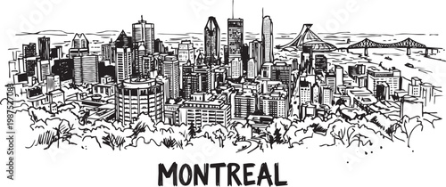 Montreal Canada city skyline vector illustration with landmark buildings and bridges hand drawn