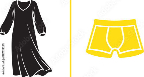 Minimalist vector illustration of a black long dress and yellow boxer briefs representing gender clothing categories