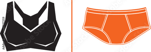 Vector illustration of a black sports bra and orange briefs icons for apparel and fitness design
