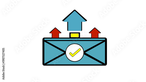 Email verification inbox icon with envelope, check mark and upload arrows, secure message delivery flat vector illustration icons.
