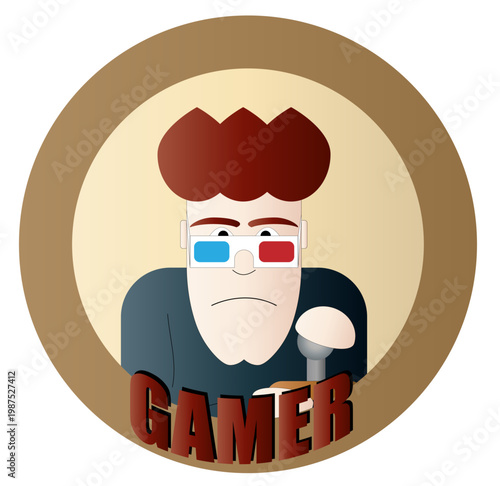 Icono circular retro de videojuego para jugador Ilustración en color con estilo caricatura. Personaje con lentes antiguos 3D. Vector para folleto, app, sitio web, streamer y otros.