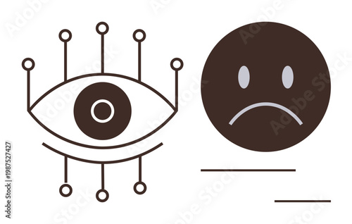 Privacy protection, surveillance concepts, emotional intelligence, facial recognition, data security, artificial intelligence. Abstract eye connected to nodes alongside a sad face. Privacy protection
