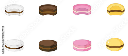 Icono de golosina. Ilustración de alfajor de chocolate negro, chocolate blanco, dulce de leche, fruta y maicena. Vector para sitio web, app, folleto, tienda y otros.