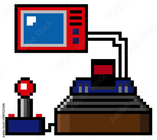 Consola retro de videojuego con joystick y televisor. Icono de pixel art. Ilustración Vectorial para streamer, gamer, folleto, app, sitio web y otros.