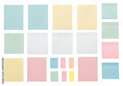 Variety of blank colorful sticky notes and index tabs in different shapes and pastel shades isolated on transparent background, png