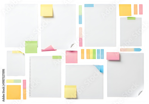 Collection of blank white paper sheets with colorful sticky notes and index tabs for planning isolated on transparent background, png