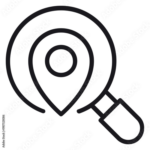 Black line vector icon illustration of a magnifying glass with a location pin inside, symbolizing local search, finding a destination, map navigation, and place discovery on a white background.