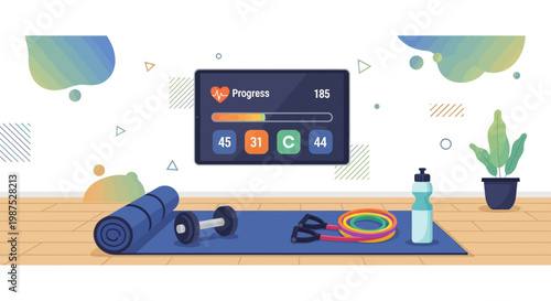 Fitness equipment on exercise mat with digital progress tracker on screen.