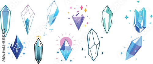 Vector icon of a floating crystal shard with aura in outline style, minimal thin line geometric gemstone fragment with glowing energy field, centered on a white background, fantasy magic and mystical 