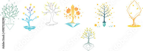 Vector icon of a floating crystal tree with glowing leaves in outline style, minimal thin line design showing a magical tree made of crystal structure with luminous foliage, centered on a white backgr