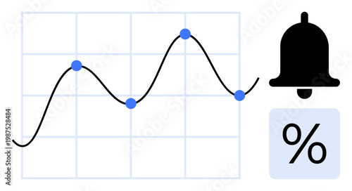 Data tracking, analytics tools, business growth, notifications, statistics, finance. Line chart with data points, notification bell and percentage symbol. Data tracking and analytics tools concept