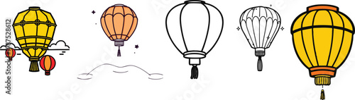 Vector icon of a floating lantern festival in outline style, minimal thin line design showing sky lantern with soft glow concept, centered on a white background, celebration and night festival illumin