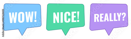 Collection of colorful speech bubbles in blue, green and purple with text saying wow, nice and really for social media communication