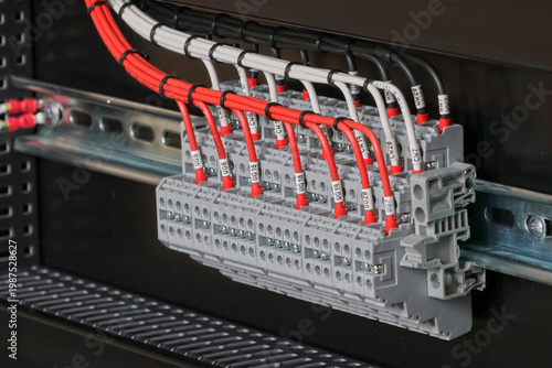 Electrical screw terminals for connecting copper electrical wires with metal lugs in electrical switchboard. 