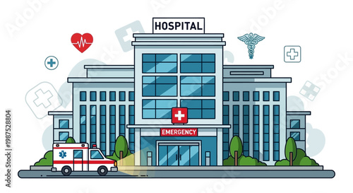 a cartoon hospital building with ambulance.