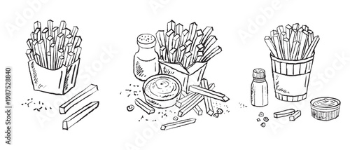 Black and white French fries with salt shakers, dipping sauces, and scattered fries. Fast food designs. Hand drawn vector sketch illustration in vintage doodle crayon charcoal style