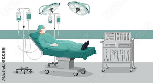 Medical hospital bed with patient and equipment.