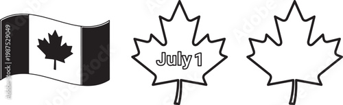 Black and white line art illustrations of the canadian flag and maple leaves for canada day Vector.