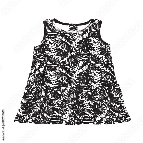 Abstract Ink Illustration of a Sleeveless Tunic with Dense Floral Foliage Print