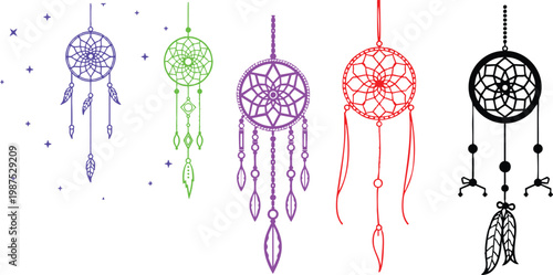Vector icon of a hanging dreamcatcher with beads in outline style, minimal circular web design with feathers and bead details, thin black line illustration on a white background, spiritual protection 