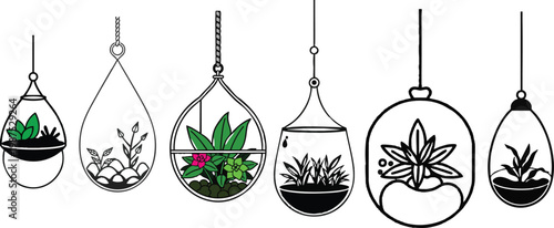 Vector icon of a hanging terrarium in outline style, minimal glass plant container with hanging rope design, thin black line illustration on a white background, indoor gardening and decorative nature 