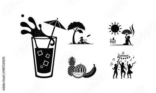 Vibrant summer activities and refreshing tropical drinks illustration