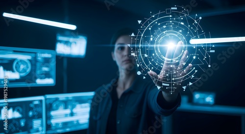 Businessman interacting with futuristic digital interface in dark room