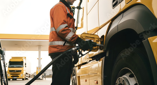 Truck driver refueling semi-truck at gas station, wearing safety vest