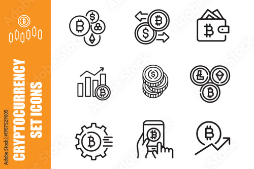 9 Professional Cryptocurrency and Blockchain Technology Line Icons Set for Digital Wallet and Crypto Exchange Platforms