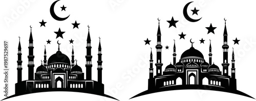 Elegant islamic mosque silhouettes with crescent moons and stars