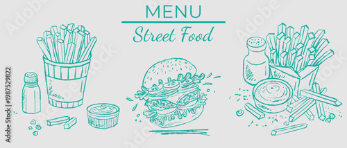Street food menu design. Hand drawn vector sketch illustration in vintage crayon charcoal style. Burger, fries, sauces, salt shaker, and decorative banner