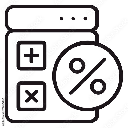 Minimalist black line vector icon of a calculator featuring addition and multiplication buttons with a prominent percentage symbol, ideal for finance, accounting, tax, and discount concepts.