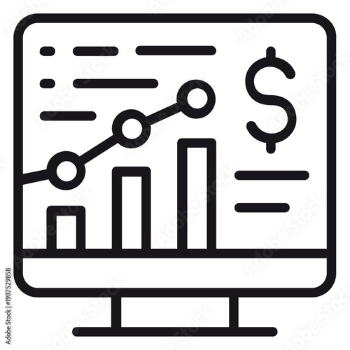 Vector icon illustration of a computer monitor displaying financial data with a rising line graph, bar chart, and dollar sign, representing business growth, analytics, and stock market tracking.