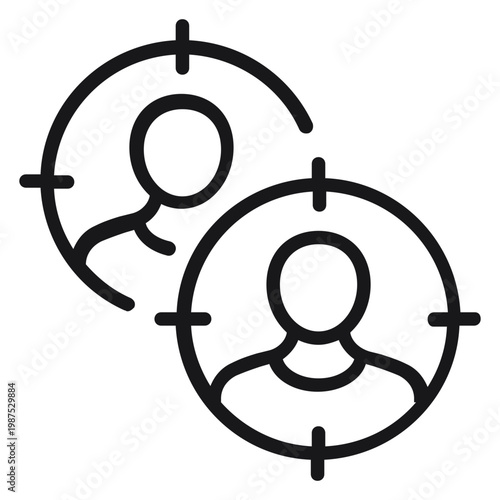 Target Audience and Recruitment Vector Icon Illustration: Black Line Art Depicting Two Human Silhouettes Inside Crosshair Target Symbols for Marketing, Headhunting, and Customer Selection.