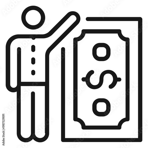 Photos Minimalist black line vector icon illustration of a person standing next to a large dollar banknote, symbolizing wealth, financial success, earning money, investment, or high salary
