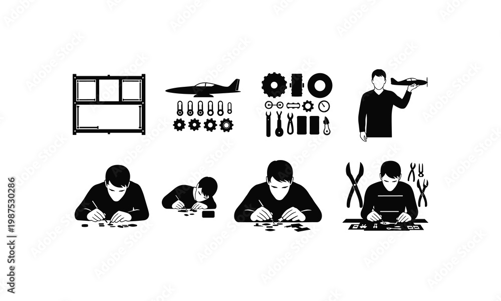 Fototapeta premium Illustrations depicting various technical and academic activities and professions
