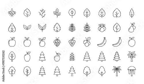 A set of minimalist line art icons featuring various fruits and trees