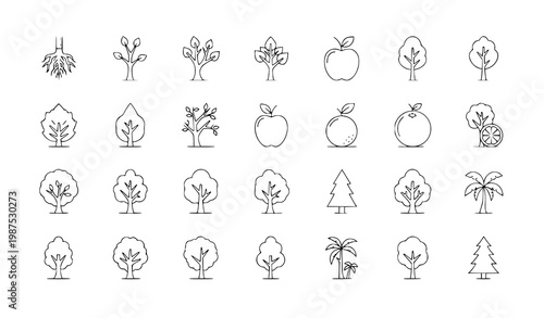 A set of minimalist tree and fruit icons in a simple line art style