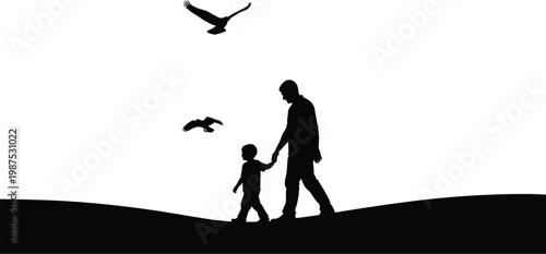 Touching father's day vector illustration dad and son silhouette walking hand in hand with birds