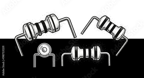 Various electronic components on a black background.