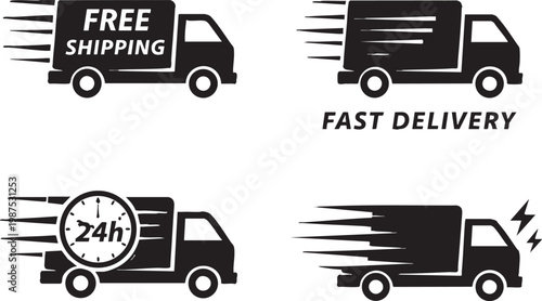 Fast delivery icon set. Free shipping, express delivery, 24 hours, fast van. Truck symbol - stock vector