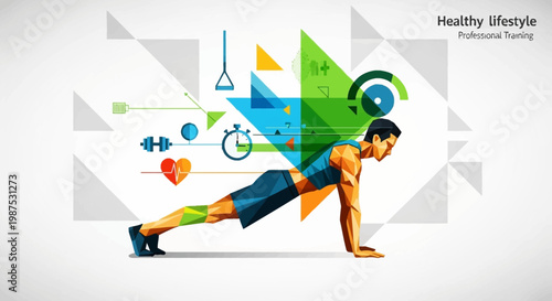 Man doing push-ups in a healthy lifestyle concept.