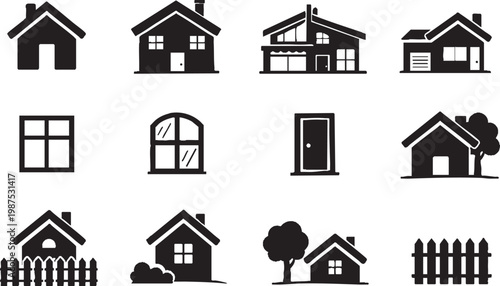  Original name(s): Simple black house icons set with building, house, window, door, roof, fence and tree