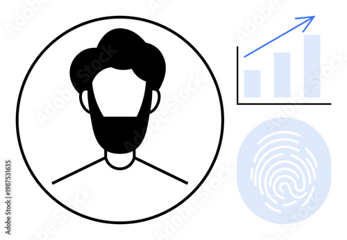 Identity verification, biometrics, data security, personal identification, digital analytics, authentication. Profile of a man with graph and fingerprint elements. Identity verification